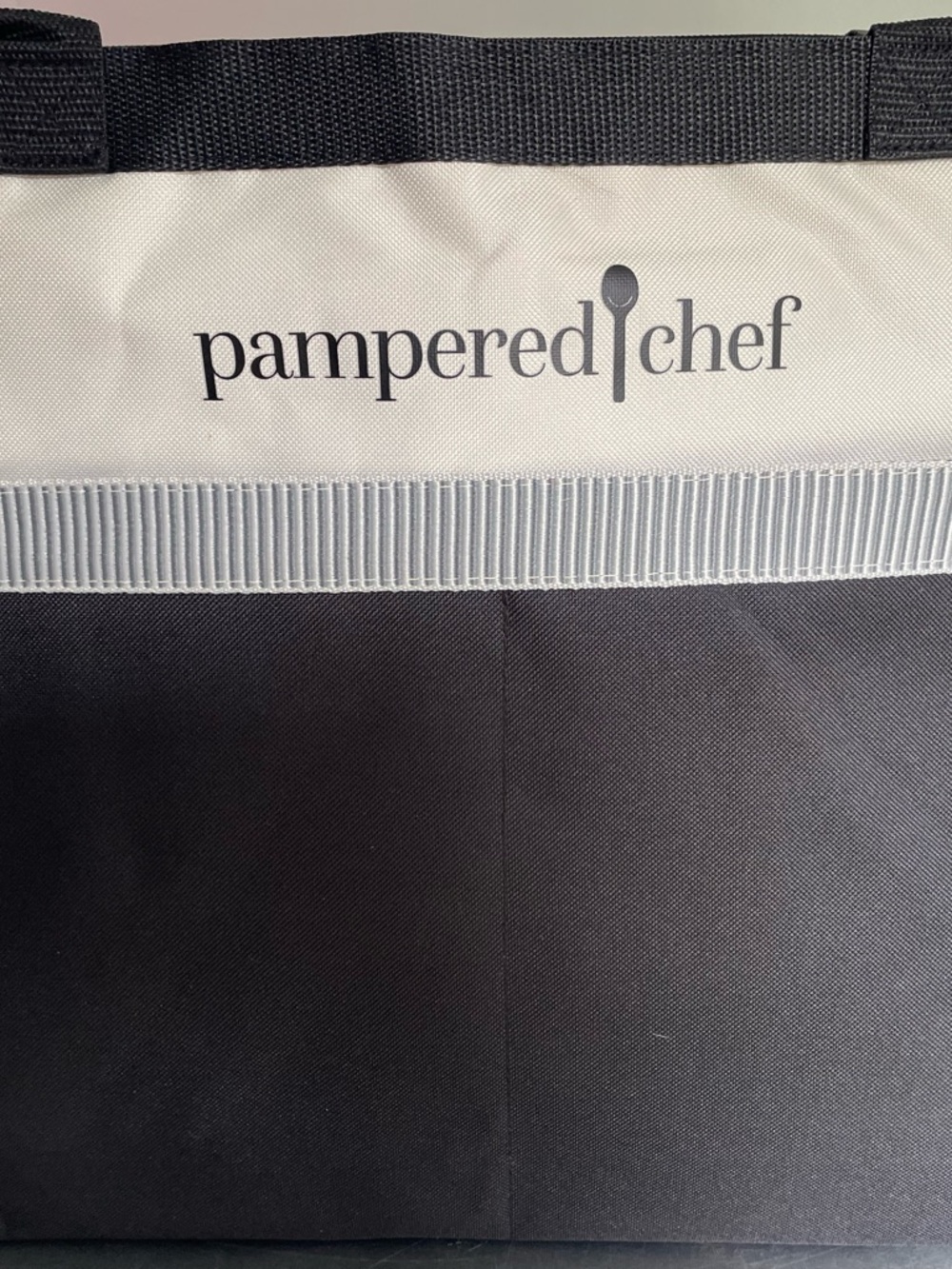 Pampered Chef Black and Cream Logo Tote with Ribbon Accent